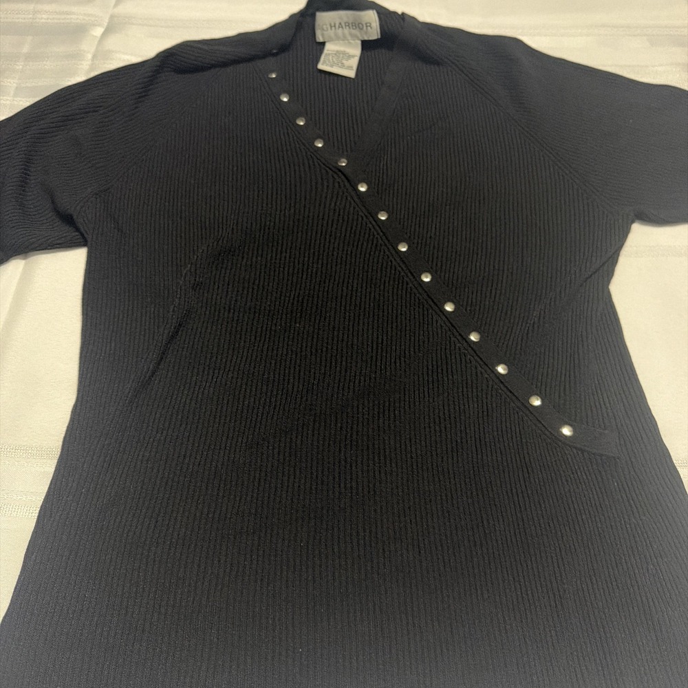 Sag Harbor Womens Black Ribbed Knit Studded V-Neck Top XL F53260KH